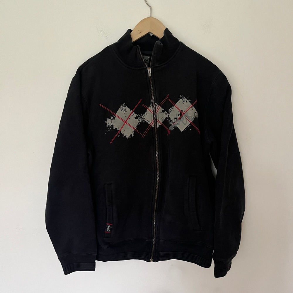 Quiksilver Mens Large Black Zip Up Sweatshirt Argyle Graphic Y2K Skater Fleece